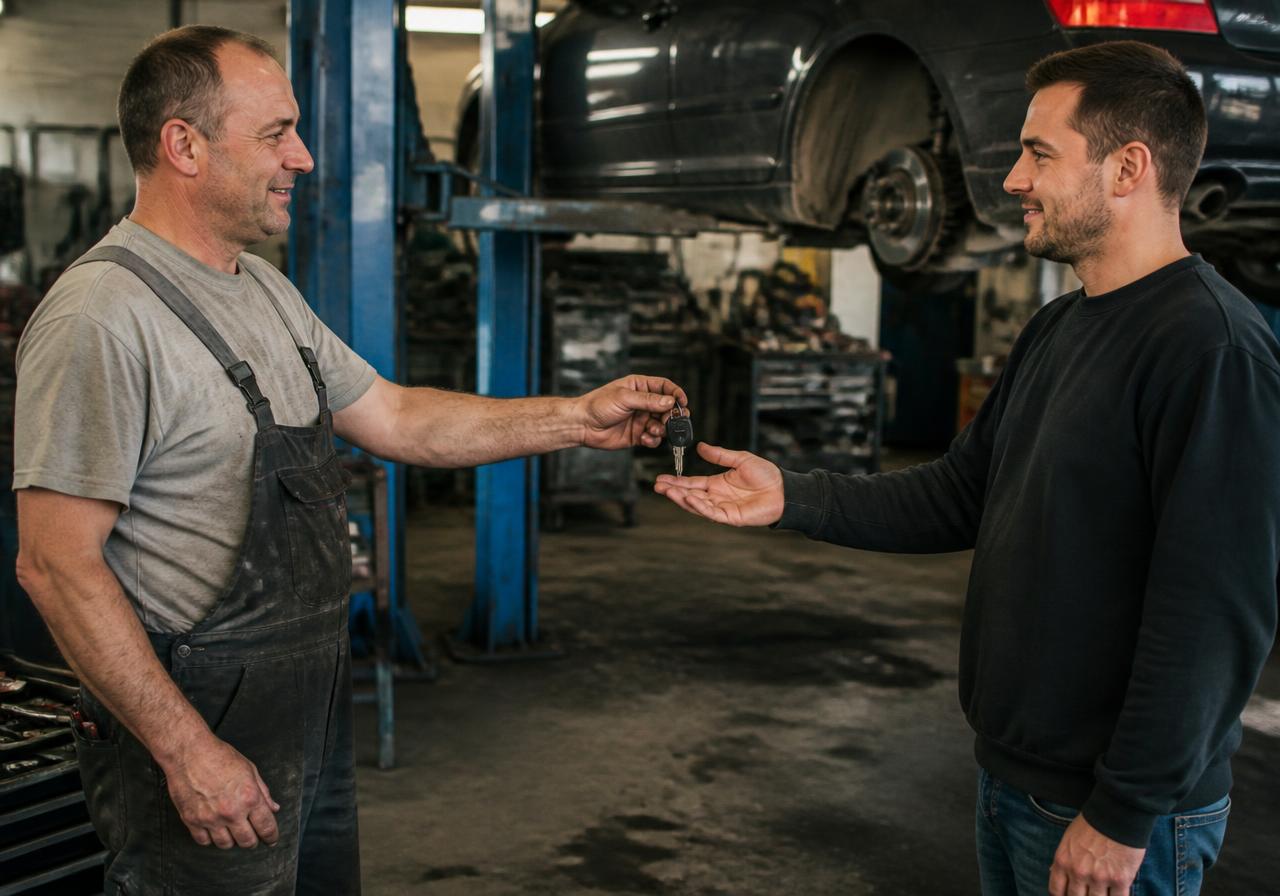 Atelier après-vente automobile avec véhicules en cours de mouvement