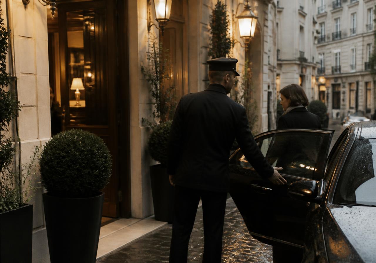 Voiturier en tenue accueillant un client devant un hôtel